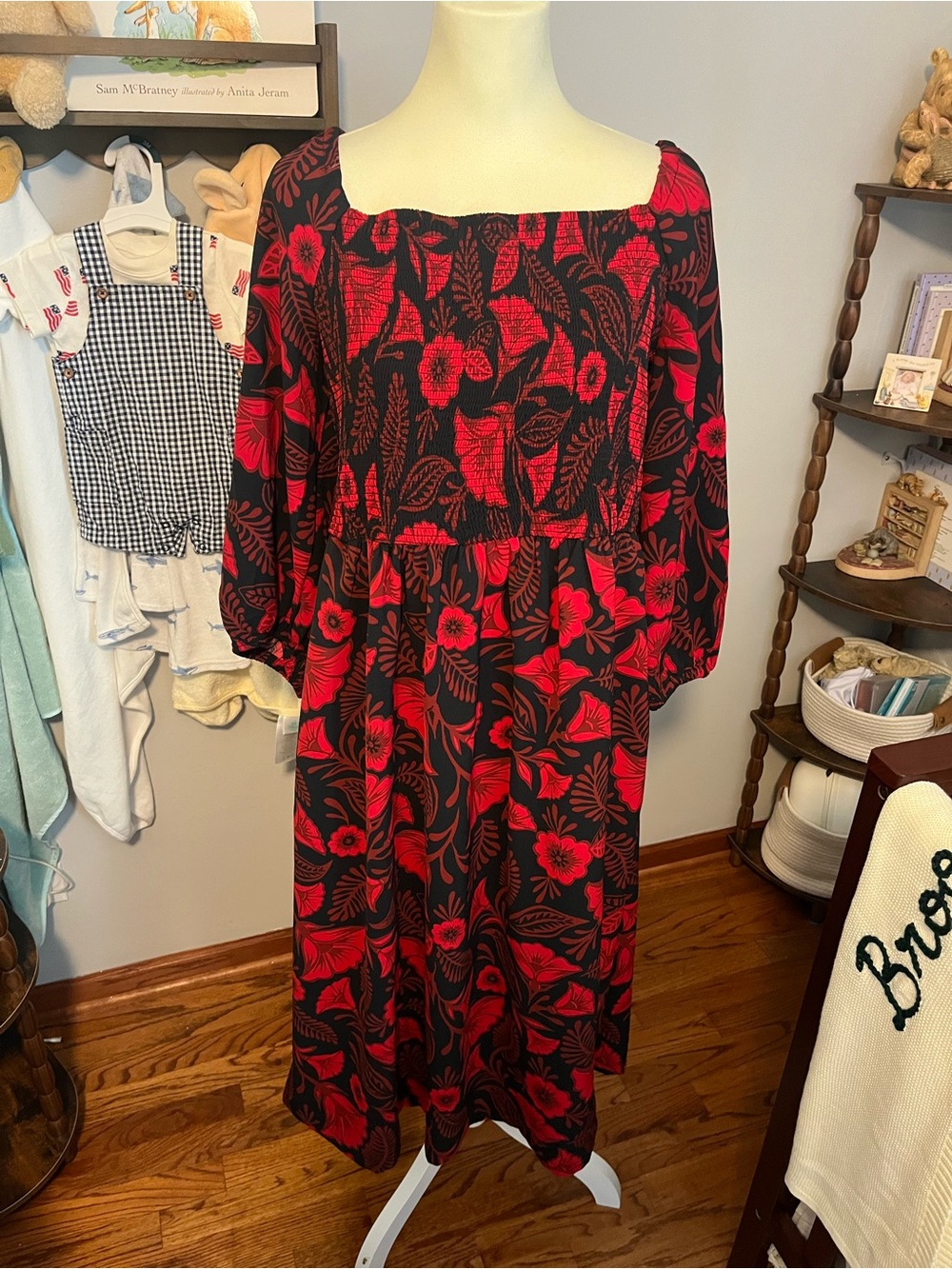 Red floral maxi dress with off-the-shoulder neckline and long sleeves. Size: XL